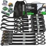 Rhino USA Ratchet Tie Down Straps (4PK) - 1,823lb Guaranteed Max Break Strength, Includes (4) Premium 1" x 15', with Padded Handles. Best for Moving, Securing Cargo (Black 4-Pack)