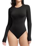 YIANNA Crew Neck Long Sleeve Bodysuit for Women Second-skin Feel Thong Body Suits Tops,YA5275-Black-S