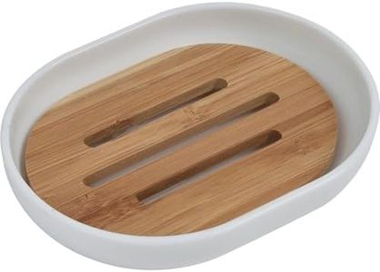 Premium White Soap Dish Padang with Bamboo Tray - Stylish Bathroom Storage Accessory for Elegant Organization