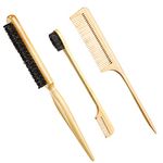 Geiserailie 3 Pcs Wood Slick Back Hair Brush Set Bristle Hair Brush Edge Control Brush Teasing Comb for Women Black Hair