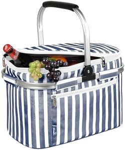 Tirrinia Large Insulated Picnic Basket, 34L Water Resistant & Leakproof Collapsible Portable Cooler Basket Set with Aluminium Handle for Travel, with a Free Foldable Grocery Bag, Strip