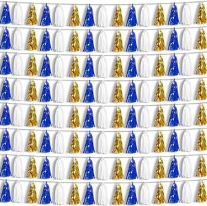 8P Navy-Blue White-Gold Foil Fringe Metallic Tassel-Garland, Tassels Banner Streamers for Parade Floats, Bachelorette, Wedding, Birthday, Halloween, Christmas, Bridal/Baby Shower Party Decorations