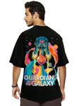 Bewakoof X Official Marvel Merchandise Men's Galaxy Ship Graphic Printed Oversized 100% Cotton Jersey T-Shirt Oversized Fit, Round Neck, Half Sleeves Black