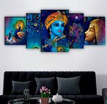 SAF Radha Krishna with couple peacock UV Textured MDF Abstract Panel Painting For Home Decoration, 18 Inch X 42 Inch, Set of 5, multicolor