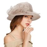 CXQRR Kentucky Derby Hats for Women Church Hats Tea Hats Organza Fascinator Wide Brim Sun Hat for Ladies, Khaki, M