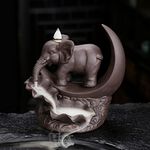 SHEBUYLLI Backflow Incense Burner Incense Holder Elephant Moon Handicraft Incense Holder Ceramic Fountain Censer + Backflow Incense Cones Incense Sticks Tweezer Mat for Ornament Home Office (Brown)