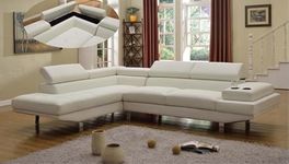 Air Leather Sectional Sofa with Right Hand or Left Hand Facing, Chrome Legs, Integrated Cup Holder, and Corner Storage (White Left Hand)