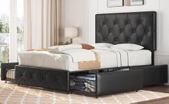 Yaheetech 4ft6 Double Bed Frame Upholstered Platform Bed with Adjustable Diamond Button-Tufted Headboard and 4 Drawers Storage/Sturdy Wood Slat Support/No Box Spring Needed,Black Double Bed