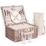 Woodluv Luxury 2 Person Wicker Chiller Picnic Hamper Basket Easy Carry Handle With Cooler Compartment and Bottle Cooler Bag