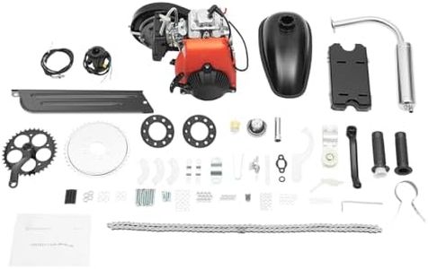 4-Stroke Bicycle Engine Kit, 49CC Gas Motorized Bike Motor Set, 44 Teeth 7.1In Sprocket 440Lbs Withstand Belt Gear Drive Spray Painting Surface Bicycles DIY Conversion Tool for 26-inch V-Shaped Frame