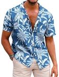 COOFANDY Men's Hawaiian Shirt Short Sleeve Cotton Casual Floral Print Blue L
