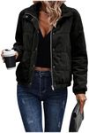 SOLY HUX Women's Corduroy Puffer Jacket Zip Up Snap Button Long Sleeve Padded Jackets Coat Pure Black Small