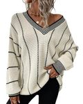 Eddoyee Sweater for Woman Striped Oversized Sweater Dress V Neck Long Sleeve Pullover Knit Jumper Tops White