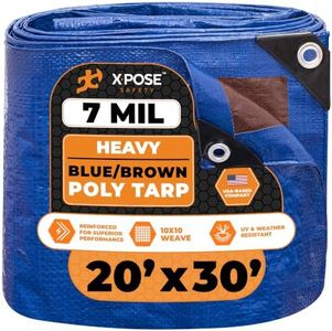 Xpose Safety 20’ x 30’ Heavy Blue/Brown Tarp - Waterproof - 7 Mil Weatherproof Camping Tarp for Tent, Rain, Wind & Sun - Plastic Tarpaulin Cover Outdoor for Roof, Trailer, RV, Car, Boat