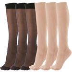 ZIHUA 6 Pairs Knee High Stockings for Women, 20 Denier Nylon Sheer Socks with Reinforced Toes Black Nude One Size, Black+nude, One Size