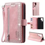 EYZUTAK Wallet Phone Case for Samsung Galaxy S23 Ultra, Retro Matte 9 Card Holder Slots Zipper Pocket Case PU Leather Magnetic Closure Kickstand with Wrist Strap Folio Flip Case - Rose Gold