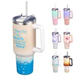 THILY 40 oz Vacuum Insulated Tumbler with Handle - Stainless Steel Coffee Travel Mug with Lid and Straws, Cupholder Friendly, Splash-Proof, Keep Drinks Cold for 34 Hours or Hot for 12 Hours, Beach