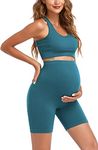 Lataly Maternity for Women 2Piece ，Seamless Ribbed Built in Maternity Bra High Waist Elasticity Pregnancy Shorts Sets, Green, L