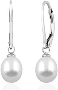 Splendid Pearls 925 Sterling Silver 8mm Genuine Pearls Freshwater Cultured Lever-back Dangling Earrings for Women (White)