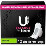 U by Kotex Balance Sized for Teens Ultra Thin with Wings Pads for women, Extra Absorbency, 40 Count (Packaging May Vary)