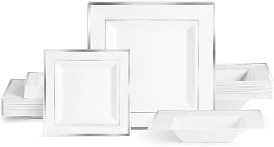 MATANA 60-Piece Reusable White Plastic Dinnerware Set with Silver Rim – 20 Dinner Plates, 20 Dessert Plates & 20 Bowls – Elegant Square Tableware for Weddings, Birthdays, Parties & Events
