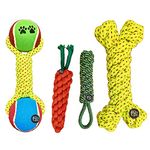 The Pets Company Dog Chew Toys for Puppy Teething & Training (Dummy + Rope Bone + Carrot + Tennis Ball Dumbell), Dog Rope Toy Combo of 4 for Small Dogs & Puppies