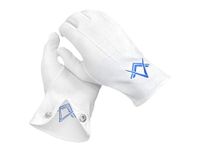 THE MASONIC COLLECTION - Masonic White Premium Cotton Gloves - White with royal blue embroidery of Square & Compass Logo - Washable & Reusable - Masonic gift for Freemason men