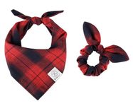 E-Clover Dog Bandana & Matching Scrunchie Set Plaid Dog Kerchief Triangle Scarf Bibs for Medium Large Dog Girl Boy Pet Owner Mom Gifts Red