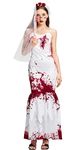 IKALI Zombie Bride Costume for Women Halloween Horrible Bloody Bridal Costume Adult Creepy Wedding Role-play Outfit with Mesh Headband Size S