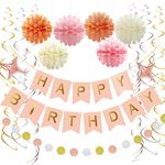 Party Decorations for Girls Women, Pink Rose Gold Birthday Decorations, Happy Birthday Banner, 6pcs Tissue Flower(Update Version), Circle dots Garland, 6pcs Hanging Swirls.