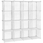 SONGMICS 16 Cube Metal Wire Storage Organiser, DIY Closet Cabinet and Modular Shelving Grids, Wire Mesh Shelves and Rack, White LPI44W