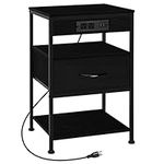 Black Nightstand with Charging Station, Bed Side Table with USB Ports & AC Outlets, Small End Bedside Tables with Drawer Charging Night Stand 3 Tier Table for Bedroom Living Room Farmhouse