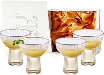 Ribbed Stemless Margarita, Martini & Champagne Glasses with Gold Rim - Set of 4 - Hand Blown Cocktail Luxury Coupe – Large Party, Elegant Ripple Design, Gilded, Premium Hand Blown Glassware (10 OZ)