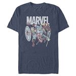 Marvel Retro Comic Lineup Brick Short Sleeve Tee Shirt, Navy Blue Heather, Large