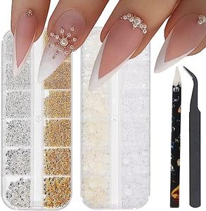 HNUIX Nail Art Charms - Metal Silver & Gold Beads, Flat back Round Rhinestones, Small Nail Pearls, 3D Mixed Sizes Decorations for Nails