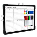 Weekly White Board, Small Dry Erase Board 16"X12", Double-Sided Magnetic Calendar Whiteboard, Portable Dry Erase Calendar for Wall and Desktop with Fine Tip Markers, Magnets, Eraser (Black)