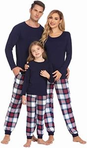 Ekouaer Family Matching Pajamas Christmas Sleepwear Long Sleeve Sleep Shirt with Plaid Pants Soft Loungewear Pjs Set Navy,6T-7T