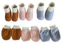 MOMISY Baby Boy and Baby Girl Combo/Gift Set Of Cotton Hand Mittens (Gloves) (3 Pairs) and Leg Booties (Socks) (3 Pairs), 0 to 6 Months. (Brown Grey Pink)