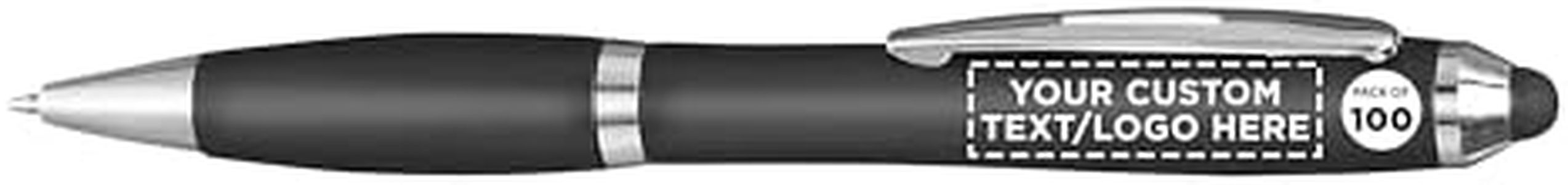 DISCOUNT PROMOS Custom Plastic Stylus Pens Set of 100, Personalized Bulk Pack - Black Ink, Great for Office, School, Business, Tradeshows, Events - Black