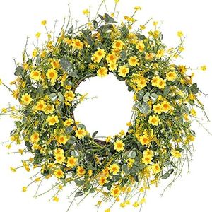 Sggvecsy Yellow Daisy Wreath 24 Inch Spring Wreath Summer Wreath Fake Silk Floral Wreath with Green Eucalyptus Leaves for Front Door Window Wall Farmhouse Decor