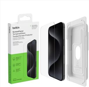 Belkin ScreenForce TemperedGlass Treated Screen Protector for iPhone 15 Pro Max - Slim & Scratch-Resistant - Includes Easy Align Tray for Bubble Free Application