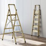 HEVID 5 Step Ladder, Portable Folding Step Ladder with Handrails and Anti-Slip Wide Pedals, Lightweight Aluminum Ladder for Home, Kitchen, Office, and Library, 660 lbs Weight Capacity, Champagne Gold