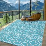 COZYLOOM Outdoor Rug 5x8 Waterproof Rug Foldable Reversible Plastic Straw Area Rugs Portable, Outdoor RV Camping Rug, Garden, Balcony, Picnic, Beach, Teal&White