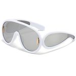 Breaksun Fashion Wave Mask Sunglasses for Women Men Oversized Silver Mirrored Futuristic Shield Sun Glasses Designer Style, A4 White/Silver Mirror, MM