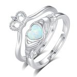 INFUSEU Claddagh Rings for Women Opal October Birthstone Ring Stacked Sterling Silver Irish Jewelry Gifts Celtic Knot Heart Hand Crown Promise Engagement Wedding Birthday Anniversary Valentine