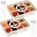 2 Pack Divided Serving Tray with Lid and Handle, Snackle Box Containers, Portable Snack Box Tray with 8 Compartments and 8 Forks, Fridge Charcuterie Container for Travel Picnic Party