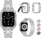 JOHIPI 3-Pack Compatible Apple Watch Band 38mm-46mm, Series 10-1, iWatch SE with Case, Bling Diamond Metal Band + Screen Protective Cover (Silver, 42mm Series 10)