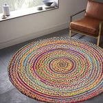 Fernish Decor Jute Cotton Braided Reversible Rug for Living Room Bedroom Kitchen Entryway | Boho Stylish Multicolor Mat (120 CM Round)