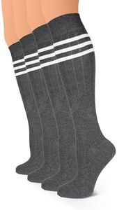 Hugh Ugoli Women Cotton Knee High Socks With 3 Stripes, Long Dress School Uniform for Girls, Boot Socks, Shoe Size 8-11, Dark Grey, 4 Pairs
