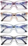 JAWSOCK 4 Pack Reading Glasses Blue Light Blocking for Women Men,Fashion Square Computer Readers with Spring Hinge,Anti Eyestrain Eyeglasses(2.0x)